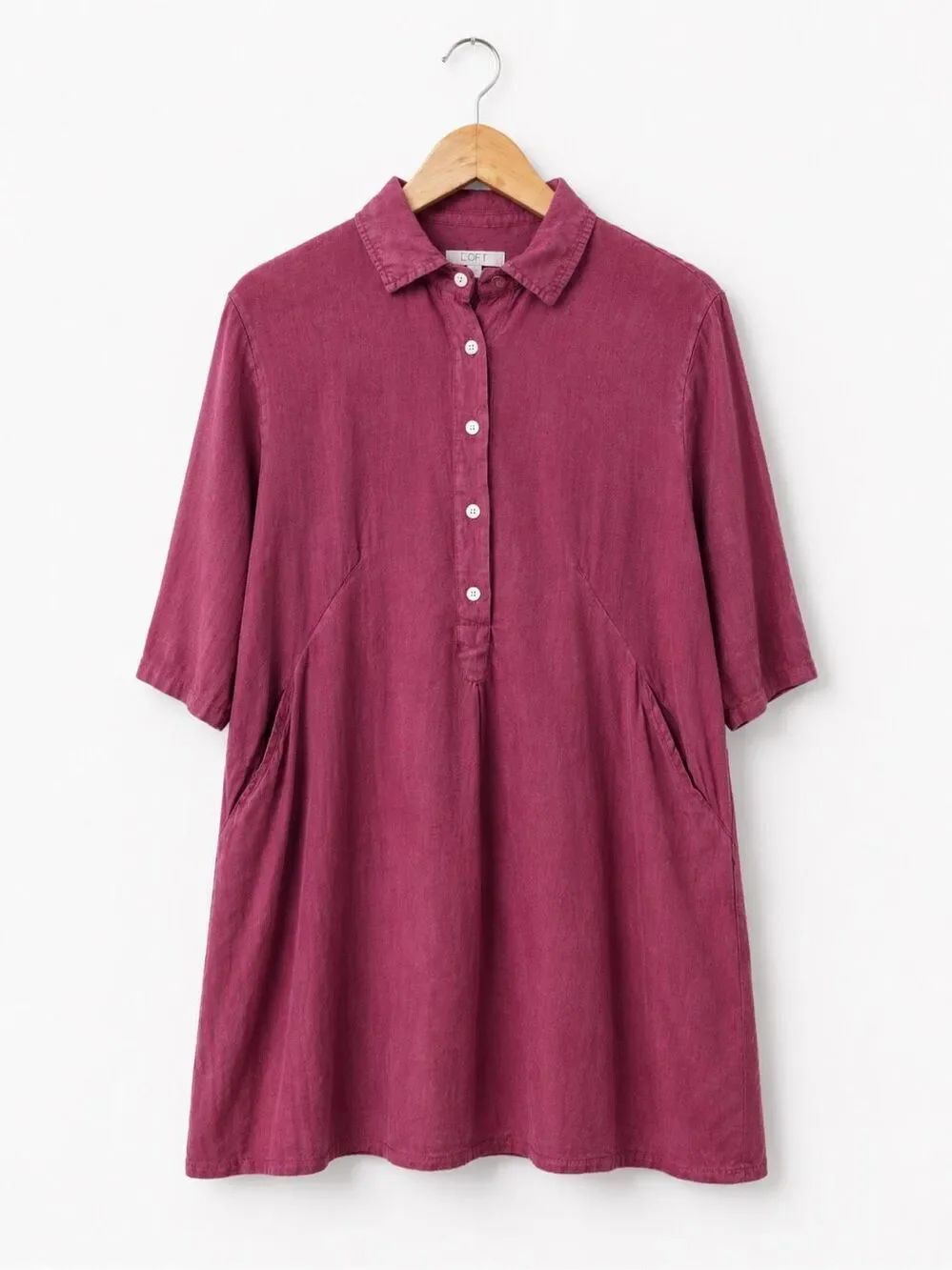 Elena Baldi Italian Linen Shirt Dress Pink Short Sleeve Collared XS Pockets